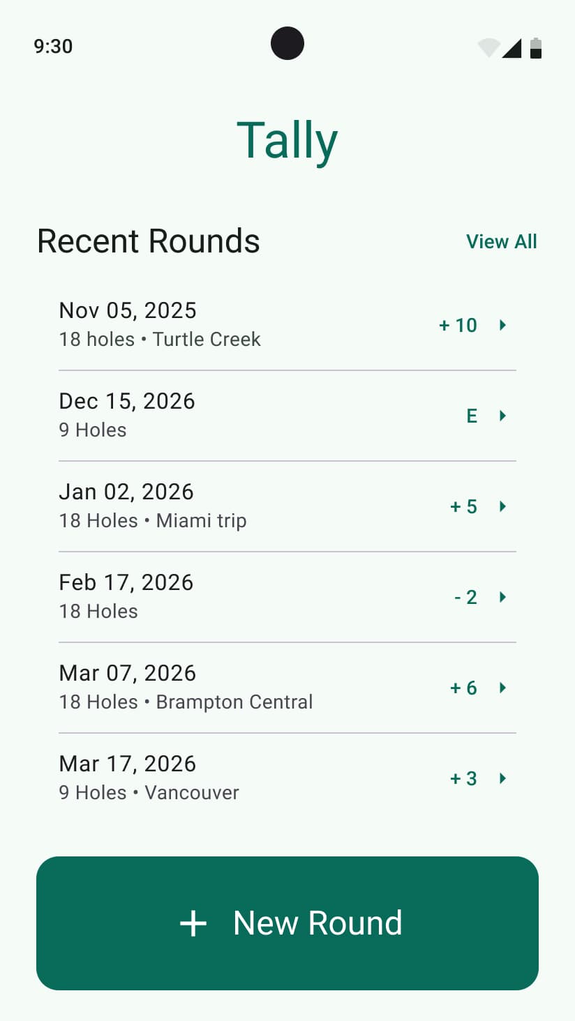 Home screen — recent rounds list