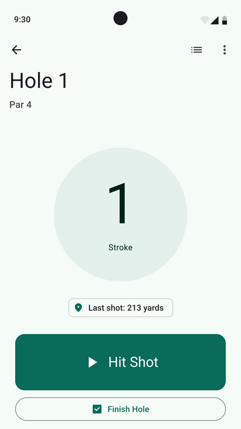 Active scoring screen — 1 stroke in, last shot distance recorded