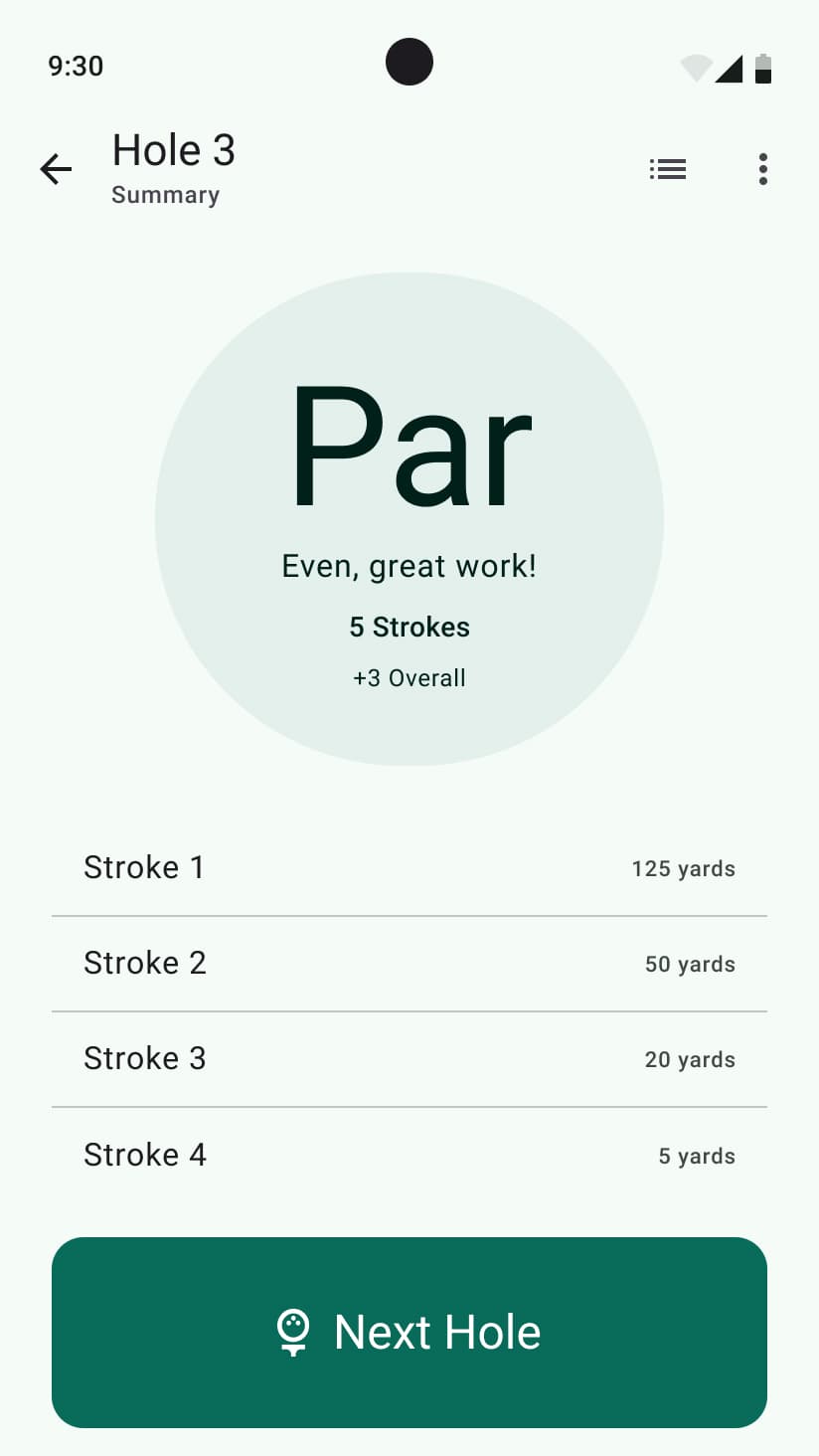 Hole summary with stroke-by-stroke yardage