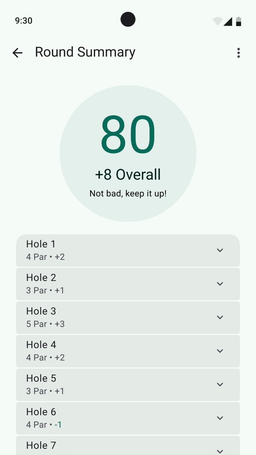 Round summary — total score and hole breakdown
